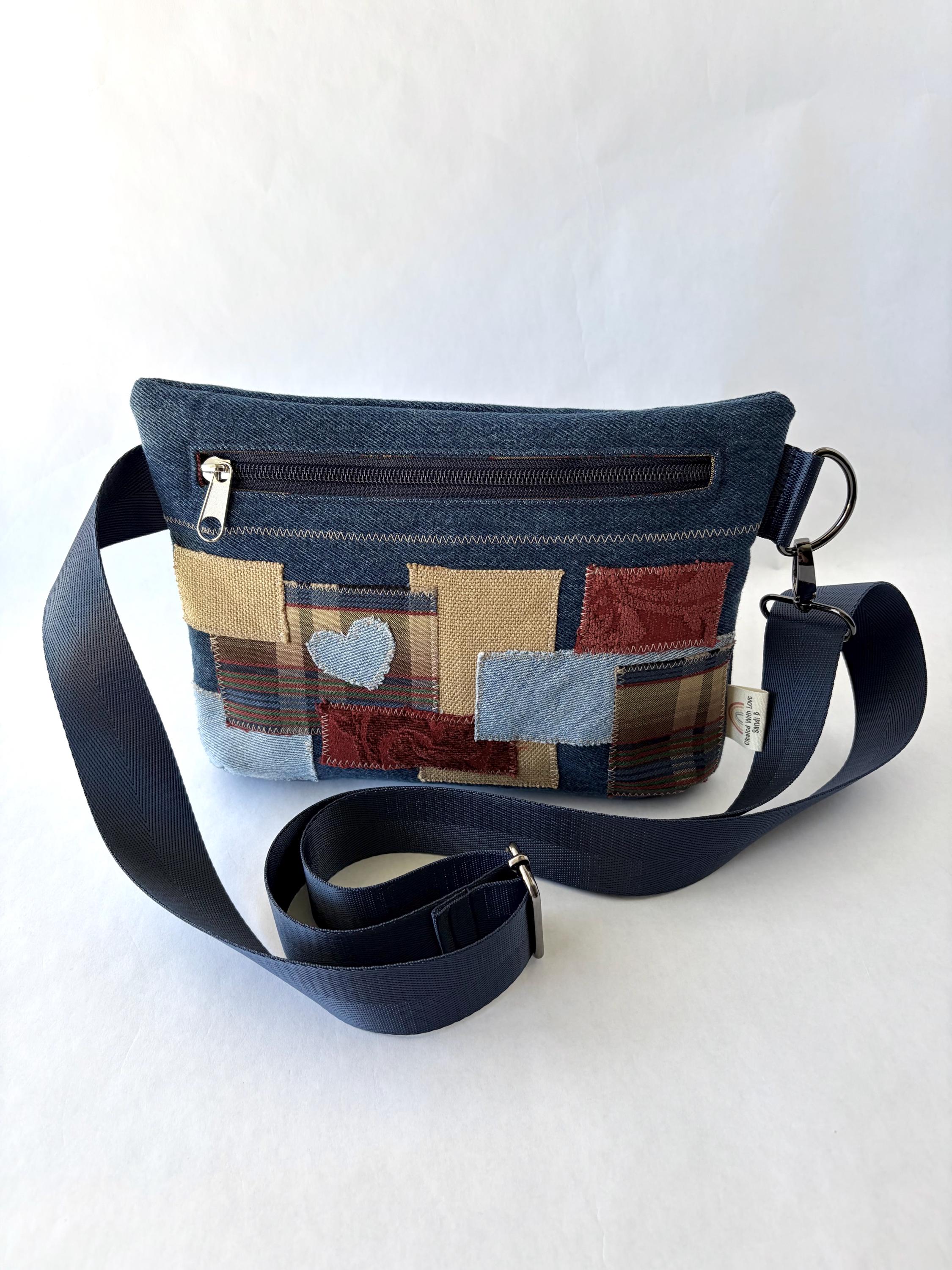 Cute Small Upcycled Patchwork Front/Back Crossbody Bag. Denim and Upholstery. Adjustable Strap. Stylish For Women Young Adults. Rare Find.
