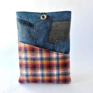 Stylish Upcycled Denim Patchwork & Flannel Tablet/ Kindle/Ipad Mini/ Book Case. Button Closure Front Pocket. Cozy Feel. Unisex. Adults/ Kids