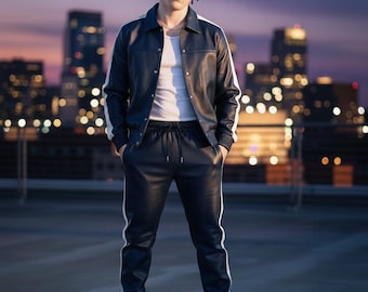 Men's Leather Tracksuit Set | Streetwear Jacket & Pants | Urban Two-Piece Outfit