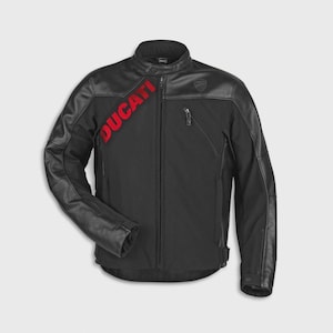 May include: Black motorcycle jacket with leather sleeves and accents. The jacket features a red "DUCATI" logo across the chest and a small emblem on the upper right chest. It has a zippered front closure and a stand-up collar.