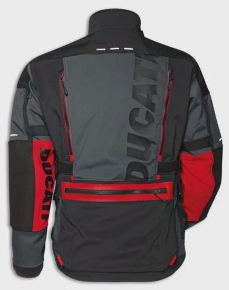 May include: Black, gray, and red motorcycle jacket with the brand name "DUCATI" prominently displayed. The jacket features multiple zippered pockets, reflective accents, and a high collar. The design incorporates color-blocked panels and a streamlined silhouette.