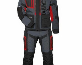 May include: A gray and black motorcycle jacket and pants set with red accents. The jacket features the word "DUCATI" in large gray letters. The set includes multiple pockets and a high collar.