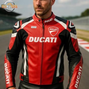 Könnte beinhalten: Rote, schwarze und weiße Ducati Motorradjacke. Die Jacke zeigt das Ducati-Logo auf Brust und Ärmeln. Sie hat einen Stehkragen und einen Reißverschluss. Die Ärmel sind schwarz mit weißen Akzenten.