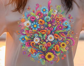 May include: White t-shirt featuring a vibrant, colorful floral design. The graphic includes various flowers, butterflies, and swirling patterns in shades of blue, pink, yellow, and orange. The shirt is a casual, short-sleeved style.