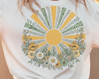 Retro 70s Sunburst T-Shirt: Boho Floral Graphic Tee