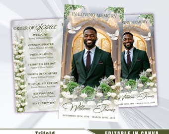 White & Green Roses Funeral Program: Trifold Memorial Template (17x11 ...