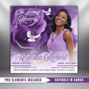 Purple Funeral Announcement Flyer, Funeral Invitation, Digital Funeral Announcement Women, Obituary Celebration Of Life, In Loving Memory