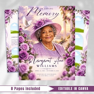 May include: A funeral program template featuring a portrait of an older person in a purple hat and matching outfit, surrounded by purple roses and a white dove. Text includes IN LOVING MEMORY, Margaret Ann WILLIAMS, and dates.