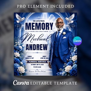 Op de afbeelding: Een sjabloon voor een uitvaartprogramma met een blauwe achtergrond, witte rozen, twee witte duiven en een trap naar het licht. De tekst luidt IN LOVING MEMORY, Micheal ANDREW, A LIFE WELL LIVED, A LEGACY FOREVER, SUNRISE MARCH 15, 1947, SUNSET APRIL 30, 2025, FUNERAL SERVICE SATURDAY, MAY 10, 2025 11:00 AM, Forever In Our Hearts.