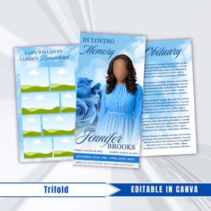 Könnte beinhalten: Eine dreifach gefaltete Trauerprogramm-Vorlage mit hellblauem Himmelshintergrund, Wolken und blauen Rosen. Das Design enthält Bereiche für Fotos, eine zentrale Figur in einem blauen Kleid, den Text In Loving Memory, Jennifer Brooks und Obituary.