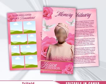 Programme d'obsèques roses roses : modèle commémoratif à trois volets (modèle canva 17 x 11)