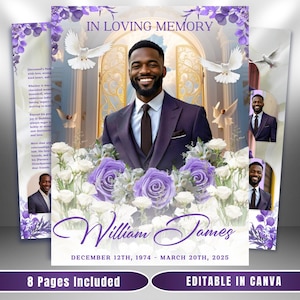 May include: A memorial card design featuring a portrait of a smiling man in a purple suit, surrounded by white and purple flowers. The text reads "In Loving Memory" and includes the name "William James" and dates. The design includes doves and floral accents.