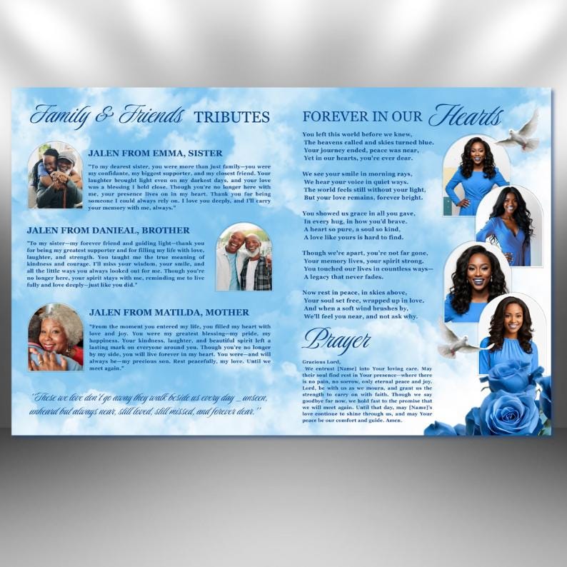 Blue Roses Funeral Program Template: 8-page Memorial (canva, PDF ...