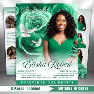 Może przedstawiać: Program pamiątkowy z zielonym kwiatowym tłem i napisem "In Loving Memory". Program zawiera zdjęcie kobiety w zielonej sukience, gołębie i imię "Elisha Robert". Zawiera tekst "Forever in Our Hearts".