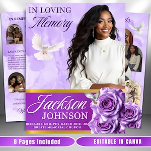 Könnte beinhalten: Ein Gedenkkartendesign mit einem Frauenporträt, Tauben und lila Rosen. Der Text lautet „In Loving Memory“ und enthält den Namen „Jackson Johnson“ und die Daten. Das Design enthält den Text „8 Pages Included“ und „Editable in Canva“.