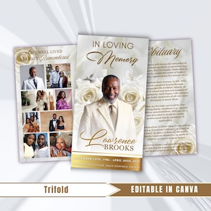 May include: A trifold memorial card with a cream background and floral accents. The front features a portrait of a man in a cream suit, with the words "In Loving Memory" and "Lawrence Brooks." Additional photos and text are included.