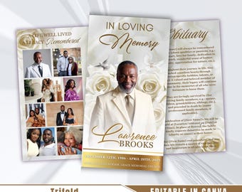 White Roses Funeral Program: Trifold Memorial Template (17x11 Canva Template)