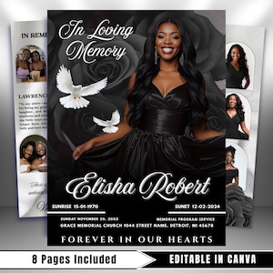 Op de afbeelding: Een zwart-wit herdenkingsprogramma. De omslag toont een vrouw in een zwarte jurk, duiven en de tekst "In Loving Memory" en "Elisha Robert". Extra foto's en tekst zijn inbegrepen.