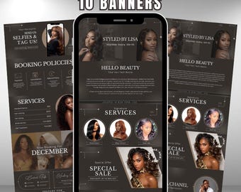 May include: A digital marketing display featuring a smartphone and two flyers. The phone displays a beauty salon advertisement with images of hairstyles, services, and a special sale. The flyers showcase booking policies and services.