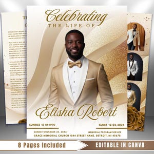 Peut inclure: Une couverture de programme commémoratif avec un design doré et blanc. La couverture présente une photo d'un homme en costume doré et nœud papillon. Le texte indique "Celebrating The Life Of Elisha Robert" avec les dates et les détails du service.