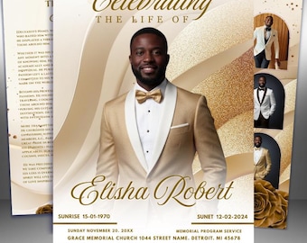 White & Gold Roses Funeral Program Template: 8-Page Memorial (Canva, PDF Download)