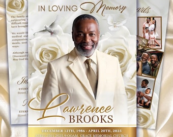 White Roses Funeral Program Template: 8-Page Memorial, Celebration of Life (Canva, PDF Download)