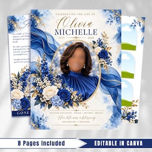 Blue Roses Funeral Program Template: 8-Page Memorial, 1 T-shirt Memorial (Canva, PDF Download)