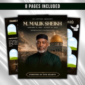 Puede incluir: Una plantilla de programa funerario con el retrato de un hombre con camisa verde oscuro y gorra negra, frente a la Cúpula de la Roca. El texto incluye IN LOVING MEMORY, M. MALIK SHEIKH, JANUARY 12, 1963 – AUGUST 18, 20XX, y FOREVER IN OUR HEARTS.