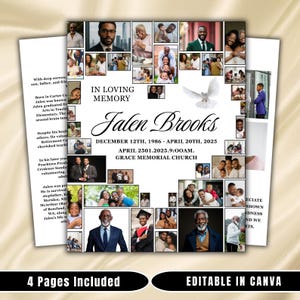 Peut inclure: Annonce commémorative avec le texte "In Loving Memory Jalen Brooks" et des dates. Le design comprend un graphique de colombe et un collage de photos de famille. Les mots "4 Pages Included" et "Editable in Canva" sont également présents.