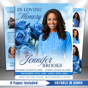 Puede incluir: Un programa conmemorativo con una mujer en un vestido azul claro, rodeada de rosas azules. El texto "In Loving Memory" es visible, junto con el nombre "Jennifer Brooks" y fechas. La frase "8 Pages Included" también está presente.