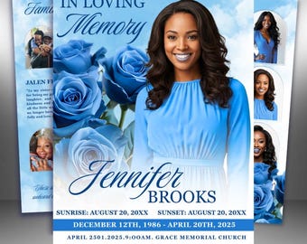 Blue Roses Funeral Program Template: 8-Page Memorial (Canva, PDF Download)