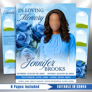 Blue Roses Funeral Program Template: 8-Page Memorial (Canva, PDF Download)