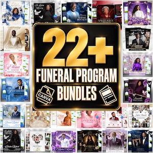 Puede incluir: Una colección digital de plantillas de programas funerarios con varios diseños que incluyen retratos, detalles florales y texto conmemorativo. El gráfico central muestra el texto dorado 22+ FUNERAL PROGRAM BUNDLES con un icono de Canva.