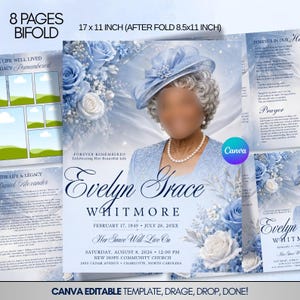 May include: An 8-page bifold funeral programme template measuring 43.18 x 27.94 cm, folding to 21.59 x 27.94 cm. The design features light blue roses, a portrait of a person in a blue hat, and text including Evelyn Grace Whitmore, dates, and service details.