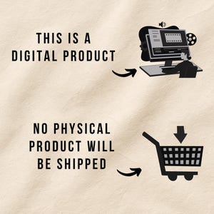 May include: A digital graphic with the text THIS IS A DIGITAL PRODUCT next to an icon of a person at a computer, and the text NO PHYSICAL PRODUCT WILL BE SHIPPED next to an icon of a shopping cart with a downward arrow pointing into it.