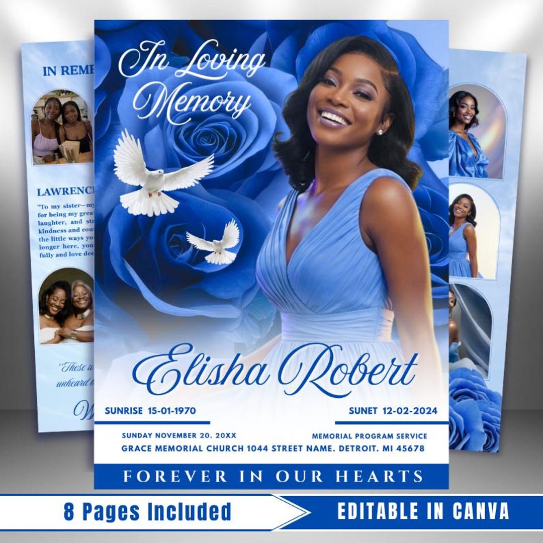 Blue Roses Funeral Program Template: 8-page Memorial (canva, PDF ...