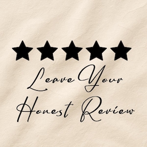 May include: A graphic design featuring five solid black stars arranged in a horizontal row above the black cursive text that reads Leave Your Honest Review, all set against a light beige, textured background surface.