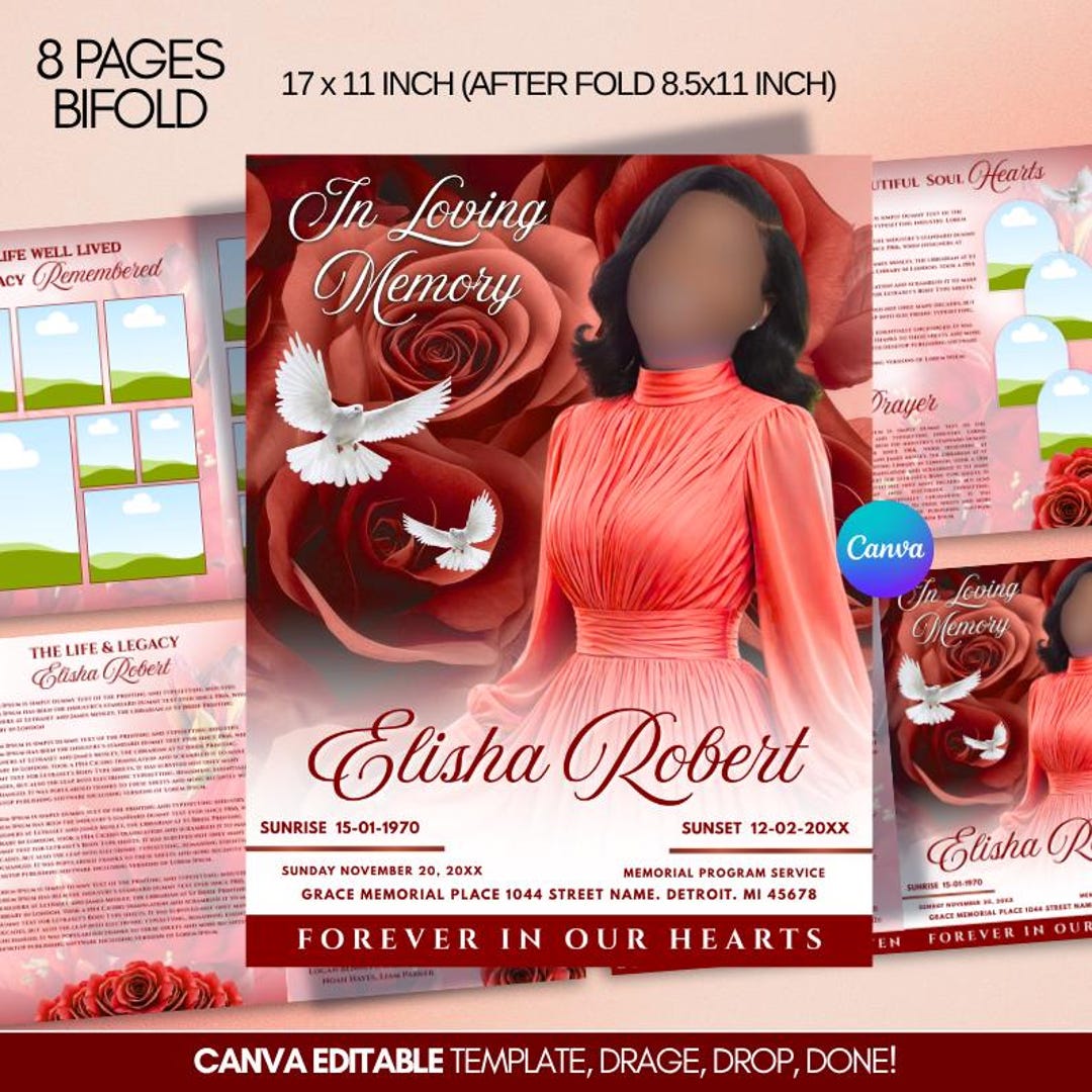 Red Roses Funeral Program Template: 8-page Memorial (canva, PDF ...