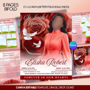 Red Roses Funeral Program Template: 8-Page Memorial (Canva, PDF Download)