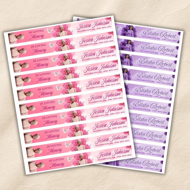 May include: Two sheets of rectangular memorial labels. The left sheet features pink backgrounds with roses, white doves, the text In Loving Memory, and the name Jesica Johnsan with dates. The right sheet has purple backgrounds with roses and the name Elisha Robert.