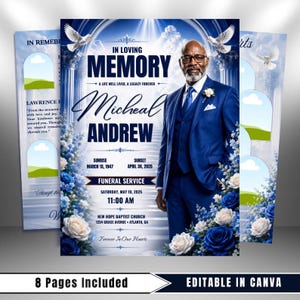 May include: A funeral program template featuring a portrait of a man in a blue suit, surrounded by blue and white roses, white doves, and a stairway to heaven background. Text includes IN LOVING MEMORY, Micheal Andrew, and service details.