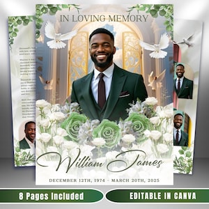 May include: A memorial announcement featuring a portrait of a man in a green suit, with white doves and flowers. The text reads "In Loving Memory", the name "William James", and the dates of birth and passing.