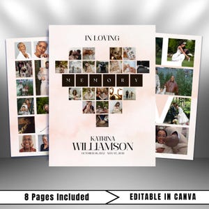 Può includere: Una stampa commemorativa con le parole "IN LOVING MEMORY" e il nome "KATRINA WILLIAMSON" con le date. Il design include un collage di foto a forma di cuore. Il testo "8 Pages Included" è visibile.