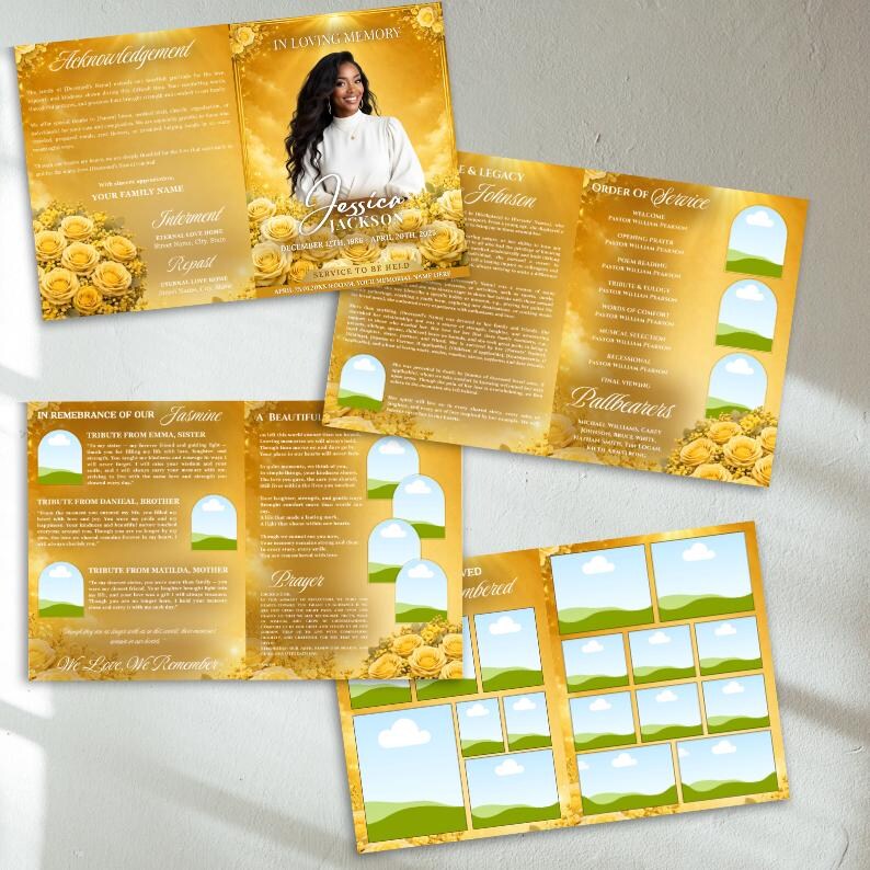 Yellow Roses Funeral Vector Yellow Roses Funeral Program Template: 8-page Memorial (canva, PDF ...