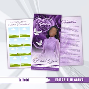 Programma funebre con rose viola: modello commemorativo a tre ante (modello Canva 17x11)