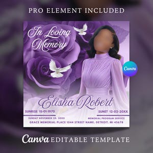 Purple Rose Funeral Announcement: Celebration of Life, Canva Template (Digital Download)