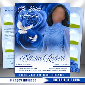 Blue Roses Funeral Program Template: 8-Page Memorial (Canva, PDF Download)