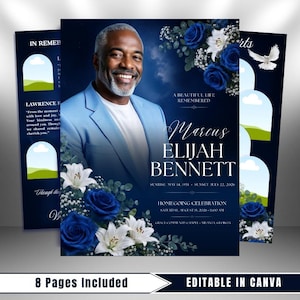 May include: A funeral program template featuring a portrait of a smiling man in a light blue blazer. The dark blue design includes white lilies, deep blue roses, a white dove, and text reading Marcus Elijah Bennett, Sunrise May 14, 1951, Sunset July 22, 2026.