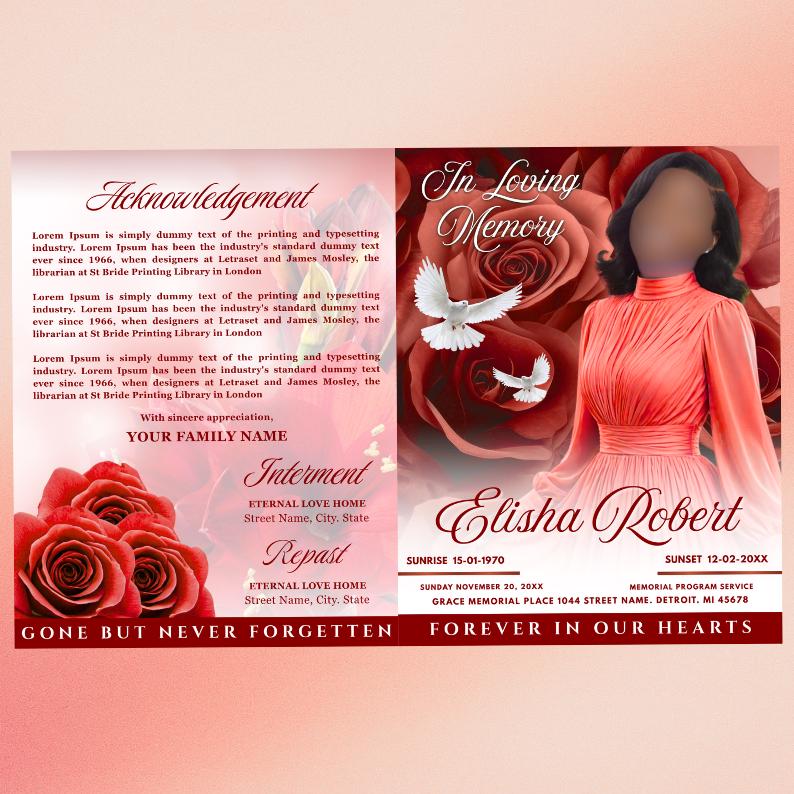 Red Roses Funeral Program Template: 8-page Memorial (canva, PDF ...