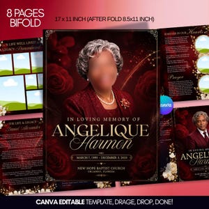 May include: An 8-page bifold funeral program template measuring 17x11 inches, folding to 8.5x11 inches. The design features a deep red rose background, gold text, and placeholders for photos, including a portrait of Angelique Harmon.